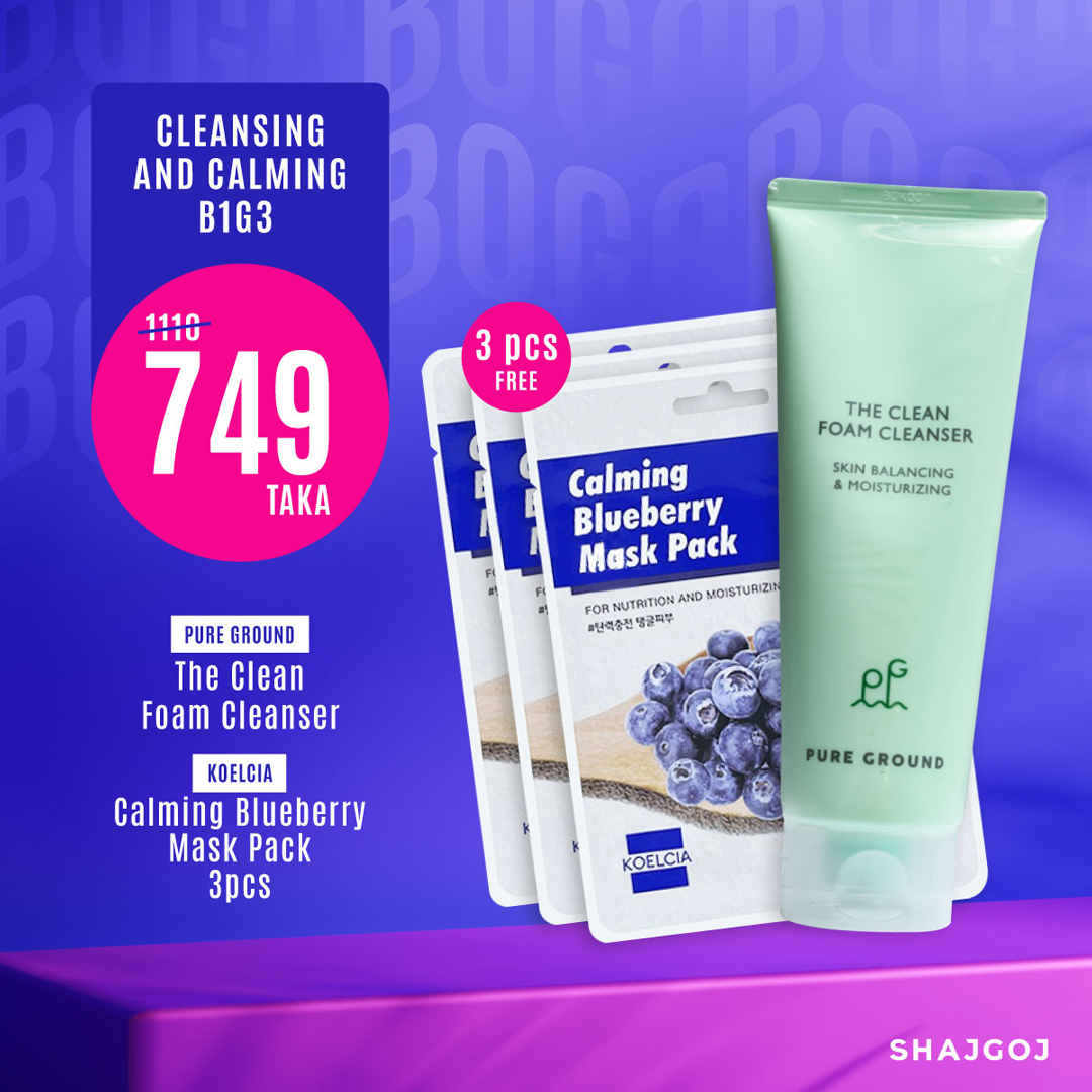 Cleansing and Calming B1G3 (Pure Ground The Clean Foam Cleanser + Koelcia Calming Blueberry Mask Pack 3pcs)