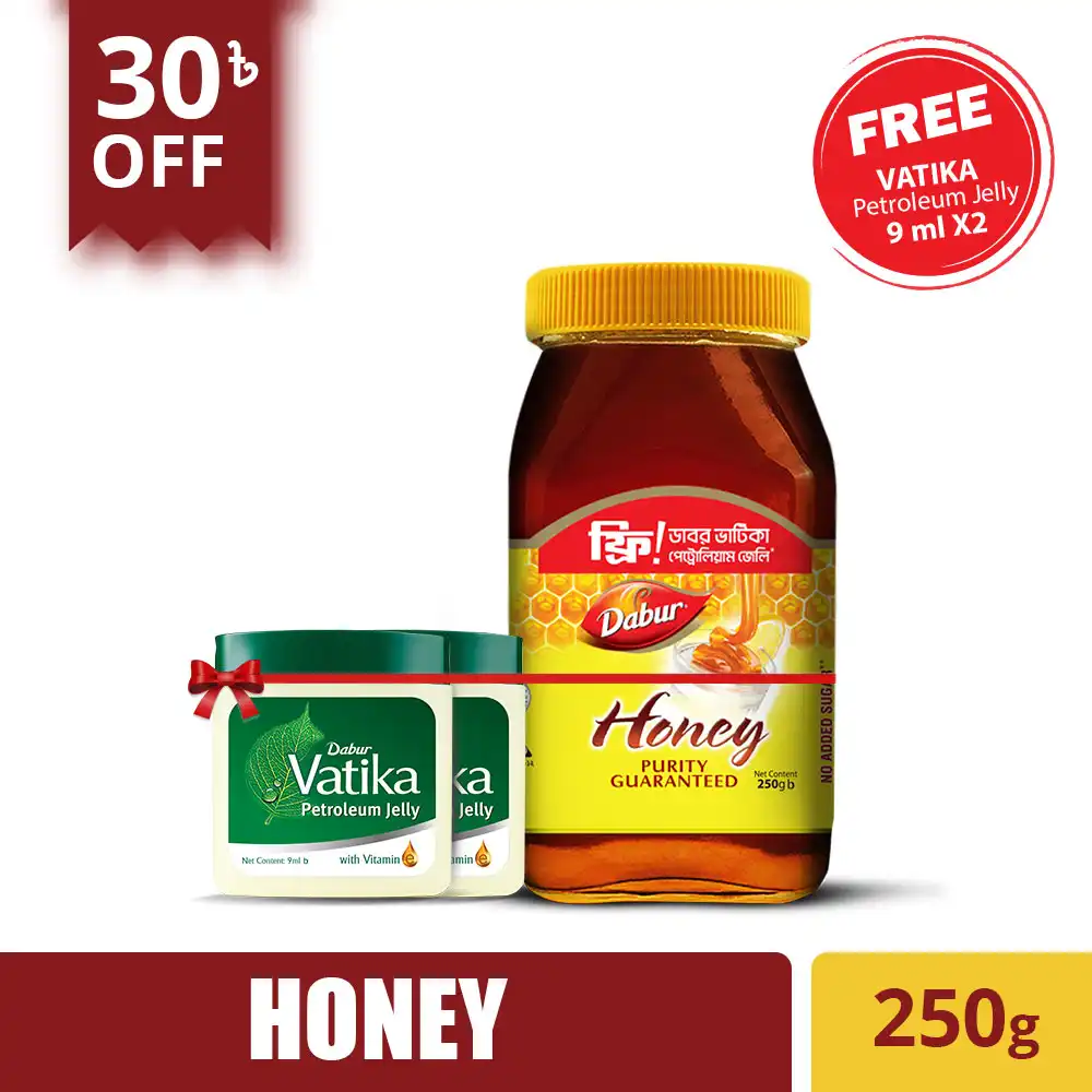 Dabur Honey: 100% Pure Honey with No Sugar Adulteration (Free 2 Pcs Vatika Petroleum Jelly 9 ml) 250 gm price in Bangladesh