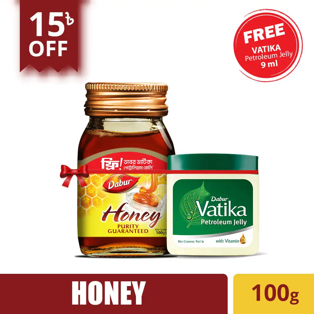 Dabur Honey: 100% Pure Honey with No Sugar Adulteration (Free Vatika Petroleum Jelly 9 ml) 100 gm price in Bangladesh