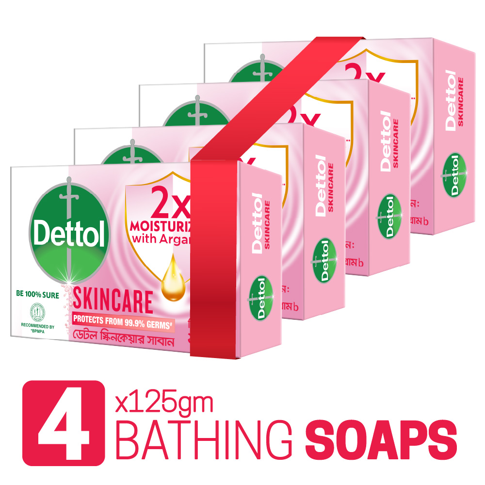 Dettol Soap Skincare Quad Pack (125gm X 4), 2X Moisturizers with Argan Oil Bathing Bar