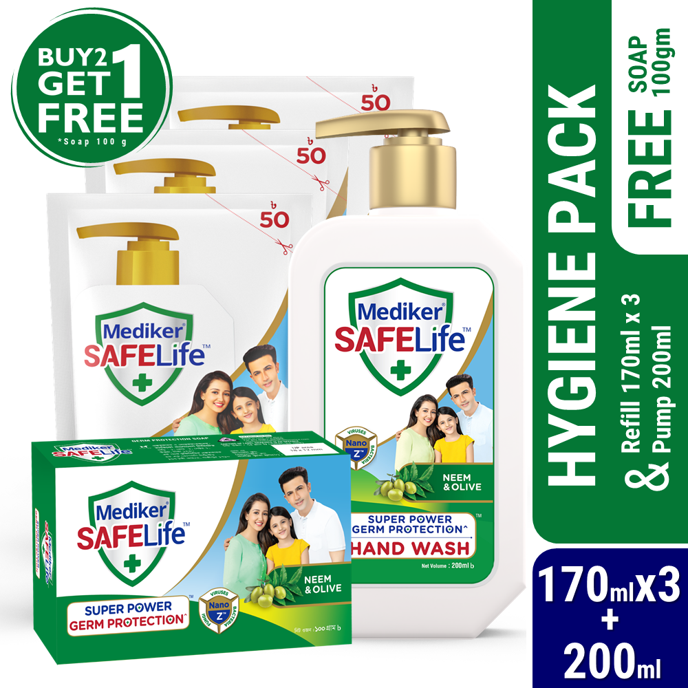 Buy Mediker SafeLife Hand Wash 170mlX3 Refill & Pump 200ml Get Mediker SafeLife Soap Bar 100gm Free
