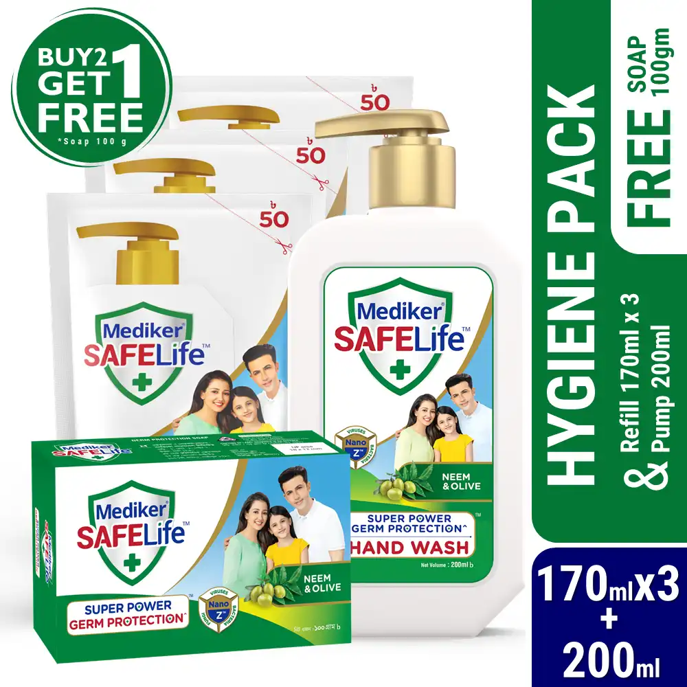 Buy Mediker SafeLife Hand Wash 170mlX3 Refill & Pump 200ml Get Mediker SafeLife Soap Bar 100gm Free price in Bangladesh