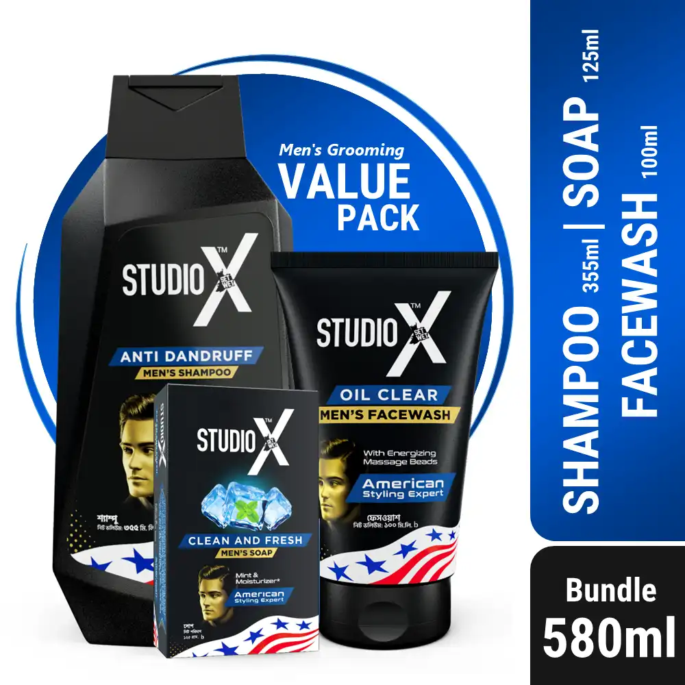 Studio X Men's Grooming Bundle Pack (Large) - Shampoo 355ml + Facewash 100ml + Soap 125g