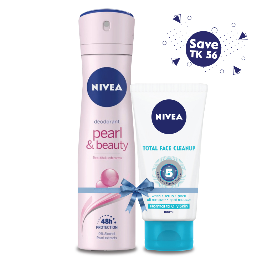 Nivea Body Spray Pearl & Beauty 150ml & Face Wash Total Face Cleanup 114gm Combo Offer